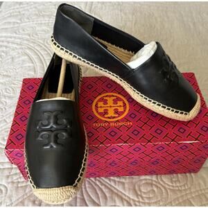 Tory Burch Everly Leather Espadrilles Black Slip On Flats Women Size 6 New w Box